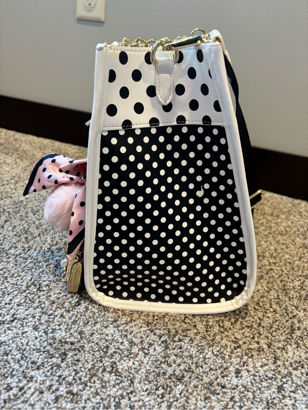 Betsey Johnson Black & White Polka Dot Tote with Pink Pom Charm - Picture 3 of 10